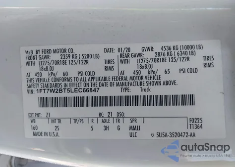 2020 Ford F-250 Xlt from USA, damaged, VIN 1FT7W2BT5LEC66847